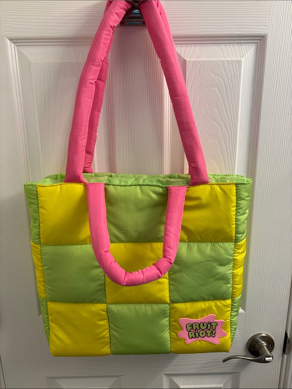 FRUIT RIOT Pink & Lime Puffer Patchwork Tote Bag w/ Double Handles Summer Cool!